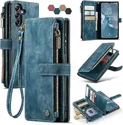 Samsung Galaxy A14 5G Wallet Case with Card Holder Kickstand Magnetic Zipper Pocket Lanyard Strap Wristlet,Leather Flip Case Wallet for Samsung Galaxy A14 5G 6.6 Inch (Blue)