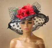 Polka Dot Kentucky Derby Hat Big Black White Ruffles Red Roses Del Mar Ascot Hat
