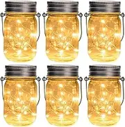 GIGALUMI Hanging Solar Mason Jar Lid Lights 6 Pack 15 Led String Fairy Lights Solar Laterns Table Lights 6 Hangers and Jars Included. Great Outdoor Lawn D?cor for Patio Garden Yard and Lawn.