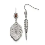 Stainless Steel Polished And Textured Smoky Quartz Feather Earrings