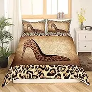 Leopard High Heels Duvet Cover Set King Size Romantic Mandala Floral Bedding Set for Kids Girls Women Adult Room Decor 3pcs Wild Animals Skin Comforter Cover Fashion Brown Quilt Cover,2 Pillowcases