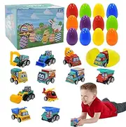 Filled Easter Eggs with Toy Car, Colorful Prefilled Pull Back Construction Vehicle, Basket Stuffers, Cartoon Car for Kids Aged 3-8 Years Old