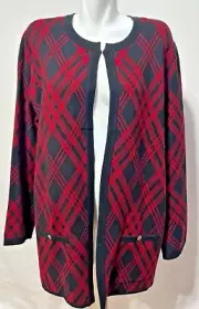 Anne Klein Women Red Black Plaid Sweater Cardigan XL Hook & Eye Closure New NWT