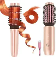 Satxtrem 2-in-1 Cordless Curling Iron & Straightener Brush,Heated Hair Styler with Needle Teeth Comb,USB-C Rechargeable,4 Temp,200M Ionic for Curls/Straightening/Smoothing (Women & Travel) (Pink Gold)