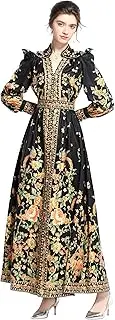 [LAI MENG FIVE CATS] Women's Summer Floral Print V Neck Puff Sleeve Button Up Belt Maxi Dress