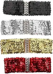 [Baluue] 4pcs Sequin Waist Belt: Women Elastic Glitter Stretch Waistband With Metal Buckle For Party Dressy Wide Waistband Ladies Decorative Belt