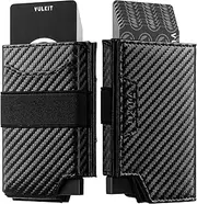[VULKIT] Card Holder with Money Band, Minimalist Wallet for Men Pop Up Card Wallet RFID Blocking, Holds 11 Cards and Cash Carbon Fiber Black