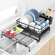 COHOSEGE Large Dish Drying Rack,Extendable Dish Rack with Cutlery Holder, Anti-Rust Black Dish Racks for Kitchen Counter,Dish Drainers for Kitchen Sink,Over The Sink Drying Rack Kitchen