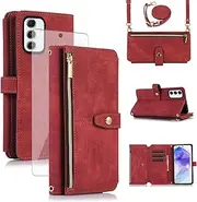 [Asuwish] Mobile Phone Case for Samsung Galaxy A55 5G Case with Strap Film Protective Film Card Slot Foldable Leather Wallet Stand A 55 55A A555G Mobile Phone Cases Protective Zip Wallet Phone Case Red