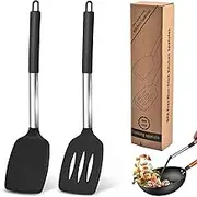 TKINRIC Pack of 2 Silicone Turner Spatula,Spatulas Silicone Heat Resistant,Silicone Spatula for Cooking,Resistant BPA Free Cooking Utensils,Ideal Cookware for Fish,Eggs,Pancakes (Black)