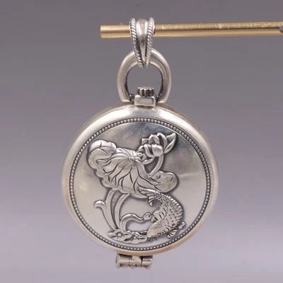 Pure S999 Fine Silver Carved Lotus Fish Round Box Pendant 28-29g 57*35mm