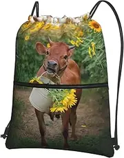 EdWal Cow In Sunflowers Print Drawstring Backpack Gym Bags Sports Bags With Zipper Pocket For Travel Beach, Black, One Size