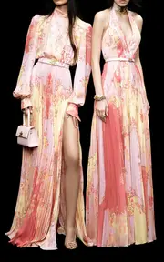 [Zuhair Murad] Belted Indian Floral Plisse Maxi Dress