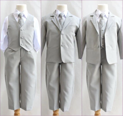 Boys formal suit silver light grey Fancy wedding Holiday set long tie vest pants