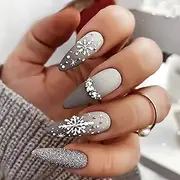 Christmas Press on Nails Medium Almond Fake Nails Full Cover Glue on Nails Matte Grey Snowflake Acrylic Nails with Rhinestones Winter Xmas False Nails Manicure Decorations for Women Girls