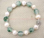 Natural 7-8mm White Freshwater Pearl & Green Jadeite Round Beads Bracelet 7.5"