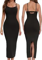 [Lynclare] Shapewear Slip Dress for Women Tummy Control Full Slip Bodycon Dresses Spaghetti Strap Back Slit Long Dress