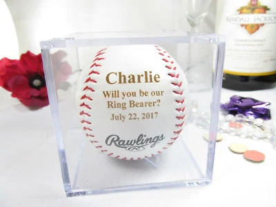 Personalized Engraved Baseball Will you be our Ring Bearer Gift Cube Invitation