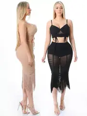 Womens Sexy Fashion Sleeveless Crop Top And Fringe Skirt Set Mesh Fringe Details
