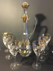Vintage Romanian Gilded and Etched Hand Blown Toscany Decanter and 6 Glasses NIB