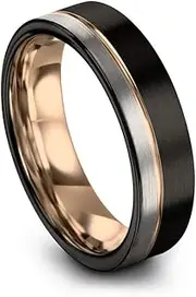 [Midnight Rose Collection] Tungsten Wedding Band Ring 7mm for Men Women Black & 18K Rose Gold Plated Offset Line Flat Half Brushed Polished