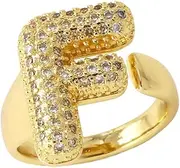 [Generic] Bubble Initial Ring for Women, 14k Gold Plate Balloon Jumbo Letter Rings Open Adjustable Dainty Pave CZ Personalized Fashion Trendy Statement Jewelry Gift (Letter F), Copper, Zircon