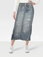 Blue Printed Jersey Midi Skirt