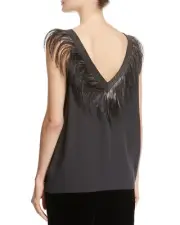 NWT Women’s Brunello Cucinelli Feather & Monili Double-V 100% Silk Tank, Size Sm