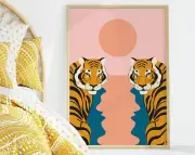 Tiger Print Pink Sun Print Unframed Boho Home Decor Colourful Print Living Room