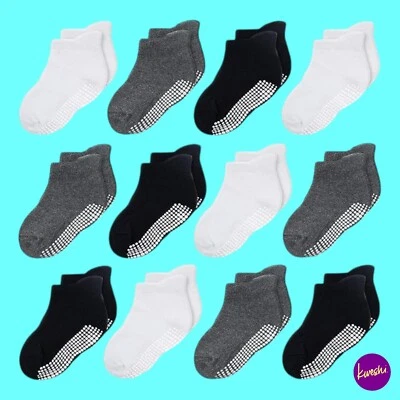 COZYWAY Baby Non-Slip Ankle Socks, Grippers, 12 Pack, Black, White, Grey, 12-36M