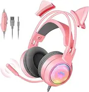 Cat Ear Gaming Headset with RGB Lights for PC, PS4, PS5, Xbox, Nintendo, Wired Gaming Headset with Microphone, Headphones Over Ear with in-Line Mic Control for Kids, Girls, Women