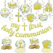 First Communion Decorations Kit Banners Hanging Swirls Honeycomb Centerpieces 1st Holy confirmation Decor Party Supplies