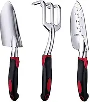 Garden Tools Set, 3 Piece Heavy Duty Gardening Tools Cast Aluminum with Soft Rubberized Non-Slip Handle, Durable Garden Hand Tools Garden Gifts for Digging Planting Transplanting (Red)