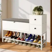 Advwin Shoe Rack Bench w/ Flip Top Cabinet & Drawers Shoe Organiser with Cushion & Side Hook White