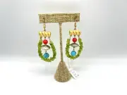 VTG Green Peridot Turquoise Red Gemstone Beads Swag Earrings Saks New Old Stock