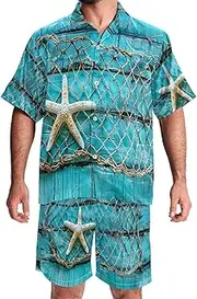 [KQNZT] Hawaiian Shirt for Men, Men's 2 Pieces Shirt Sets, Mens Beach Outfit, Marine Style Plank Starfish Seashell, Short Sets for Men