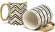 KooK Coffee Mugs, Coffee Mug Set, Black and Gold Cups, Porcelain, Tea Cups with Handles, Geometric Design with Metallic Gold Accents, 14.8 oz, Black and Gold, Set of 2