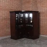 Home Bar Corner Bar Cabinet with Glass Display, Mahogany Finish, Wine Glass Storage