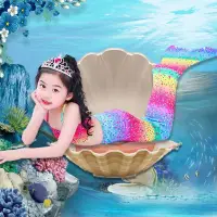 在飛比找蝦皮商城精選優惠-兒童美人魚套裝夏季泳衣三件式 女孩人魚公主裙彩色美人魚送泳帽