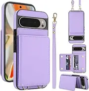SLLMYYX for Google Pixel 9 Pro XL Case with RFID Blocking Card Holder Crossbody Lanyard Strap Leather Wallet Case with Magnetic Clasp Protective Cover for Pixel 9 Pro XL, Violet