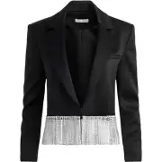 NWT ALICE + OLIVIA Shan Black Satin Blazer Jacket Crystal Fringe Women’s Size 14