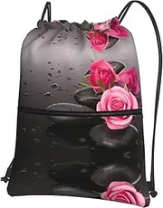 EdWal Spa Stone And Rose Flowers Print Drawstring Backpack Gym Bags Sports Bags With Zipper Pocket For Travel Beach, Black, One Size