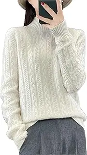 [Jegsnoe] Women Sweater Twist Mock Neck Pullover Pure Wool Soft Warm Casual Knitted Pullover