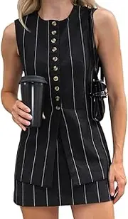 [Molilove] Women's Linen 2 Piece Skirts Set Crew Neck Button Vest Top Skirts Sleeveless Blazer Set Vest Set Stripe Shorts Suit