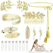 11Pcs Greek Goddess Costume Accessories Set, Golden Fancy Dress Women Dress Up Set for Vintage Party, Bridal Wedding, Hen Party