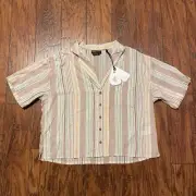 Prana Womens Iguala Top M Clay Stripe Button Up Top Collar Crop Boxy Relaxed
