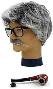 Weforu Funny Old Man Wig Set, Old Man Cosplay Accessories with Grandpa Wig, Glasses, Fake Moustache, Pipe for Halloween Party