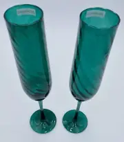 Pair: Godinger Emerald Crystal Infinity Champagne Flutes, New with Tags, 11.3"