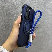 Slide Camera Protection Magnetic Holder Stand Wrist Strap Case for iPhone 16 11 12 13 14 15 Pro Max Plus Cases Cover,Navy Blue,for iPhone 15 ProMax