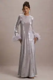 Tallie | Lilac Sequin Maxi Dress With Feather Trim
